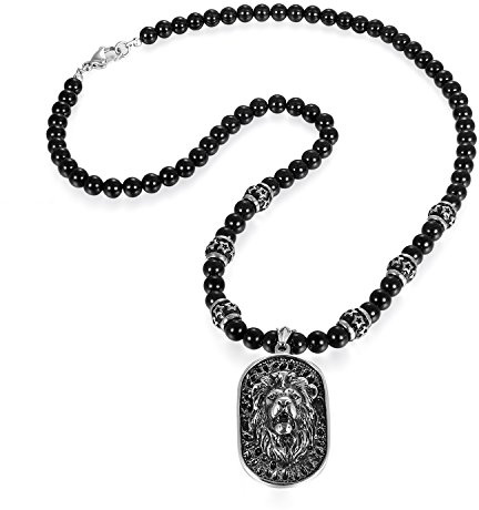 OIDEA Herren Halskette mit Löwenkopf aus Edelstahl: mit Perlenkette aus Achat Schwarz Löwe Kopf Dog Tag Anhänger Gotik Punk Rock Schmuck Geschenk für Männer Jungen