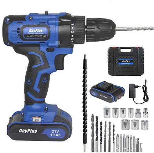 Akku Bohrschrauber Akku-Schlagbohrschrauber 21V, 45Nm Drehmoment, mit 1500mAh Akku, 18+1 Drehmomentstufen, 2 Gang, LED Licht, Bohrschrauber Schlagbohrer mit 2 Akkus