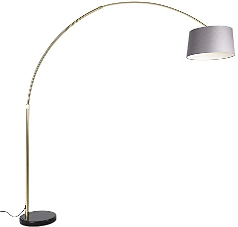 Qazqa - Modern Bogenlampe Messing mit Marmorstoffschirm grau 45 cm - XXL I Wohnzimmer I Schlafzimmer - Stahl Länglich - LED geeignet E27