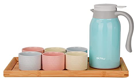 Aichiw Distributeur de Café avec Bouton Facile Pichet en Acier Inoxydable Isolé sous Vide avec Six Tasses Gardant efficacement les Boissons Chaudes ou Froides （800ml Vert）