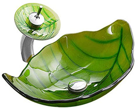 XYEJL Vessel Sink Colored - ​Leaf Shape Countertop Basin, Tempered Glass Wash Basin, Bathroom Basin Sink with 360° Faucet & Pop Up Drain,C