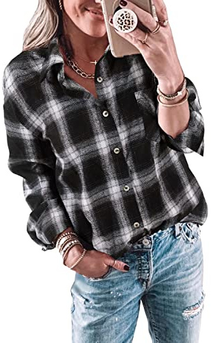 Wenrine Damen-Langarmhemd mit Knopfleiste, lässig, kariert, Flanellhemd, Kragen, Bluse Tops, Weiß und Schwarz, X-Groß