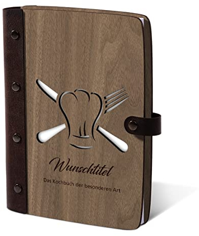 Kartenmachen.de Personalisiertes Rezeptbuch, Kochbuch, Notizbuch Holzcover mit Echtleder Rücken 72 Blatt | 144 Seiten A5 hoch 158x222mm Nussbaum Amerikanisch - Kochmütze