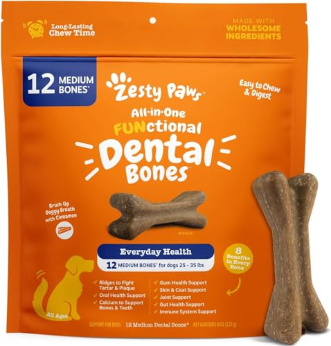 Zesty Paws Dental Dog Bones for Medium Dogs - for Tartar & Plaque, 12 Ct