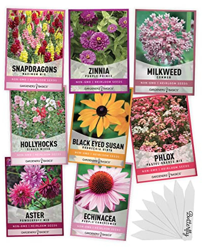 Gardeners Basics, Butterfly Seeds for Planting Outdoors Flower Seeds (8 Variety Pack) Milkweed, Aster, Zinnia, Hollyhock, Snapdragons, Echinacea, Phlox, Black Eyed Susan Pollinators Wildflower Seed