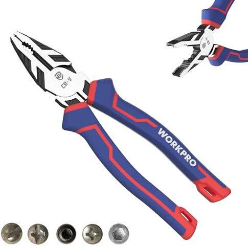 WORKPRO Combination Pliers 200 mm, High Leverage Plier with Wire Cutting and Screw Extractor, Cr-V Linesman Pliers for Quickly Removing Damaged or Rusted Fasteners