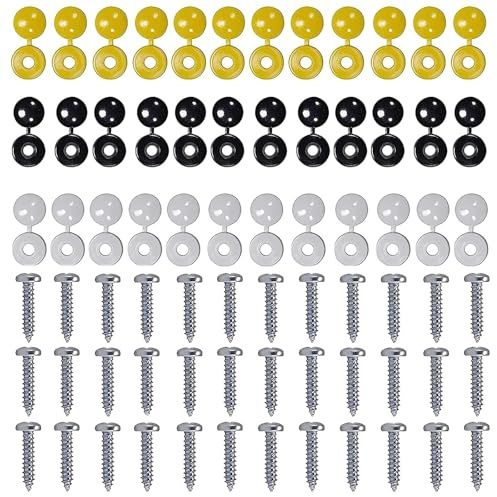 BNFGD 12 pcs Screws and 36 Caps Number Plate Fixing Fitting Kit, Car & Screw Registration Fixings(3 Assorted Colors), Assorted,White,Yellow