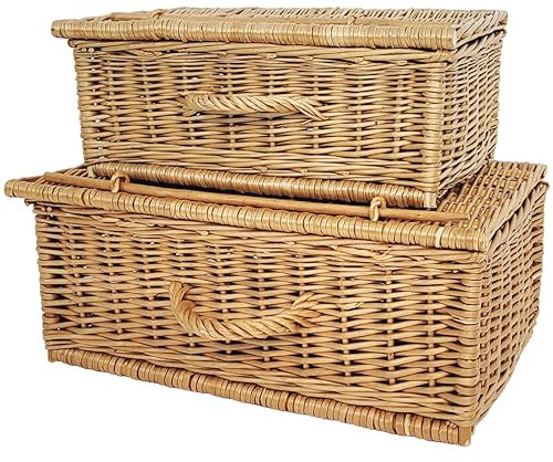 Retro-Stil Korbkoffer Set 2 Stück. Weidenkorb 50cm und 40cm, Aufbewahrungskorb Geflochten. Organizer Picknickkorb Aufbewahrungsbox für Reisen Camping. Koffer Korbtruhe