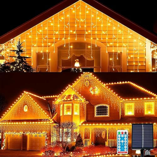 EONANT 300LED Solar Weihnachten Eiszapfen Licht im Freien, wasserdichte 32.8FT Tropftraufe Vorhang Licht mit 8 Modi, 60 Tropfen hängende Feiertagshochzeitparty Dekoration (Warm Weiß)
