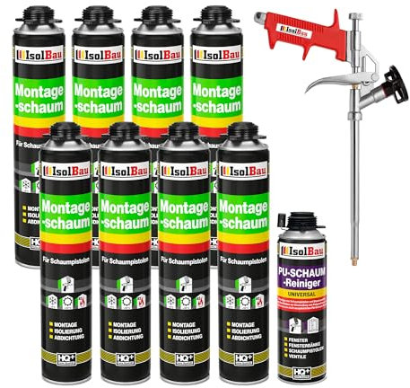Isolbau Bauschaum-Set - Inkl. 8 x 1K Montageschaum B2 Pistolenschaum mit hervorragender Schall und Wärmedämmung (je 750 ml), 1 x PU-Schaum-Reiniger (500 ml) & 1 x Schaumpistole, Abdichten