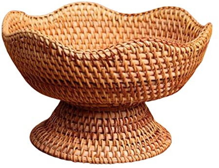 Pedestal Fruit Bowl Decorative Rattan Fruit Bowl Footed Fruit Basket Rattan Woven Fruit Basket Handcrafted Food Snack Serving Basket for Home Hotel Office, Small