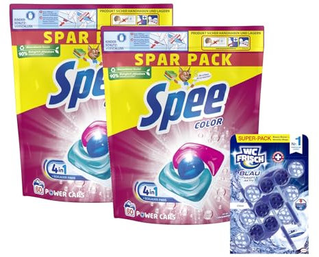 Spee Power Caps Color (1x 120 WL), Colorwaschmittel für Buntwäsche & Dunkles, vordosiertes Waschmittel & WC FRISCH Kraft-Aktiv Blauspüler Chlor, 1x 150 g
