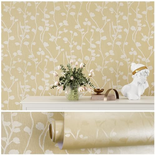 VEELIKE Tapete Blätter Beige Klebefolie Blumen Mustertapete 40cm × 900cm Strukturtapete Möbelfolie Beige Selbstklebende Folie Ornamente Tapete Badezimmer Wasserfest Wand Dekoration Schlafzimmer