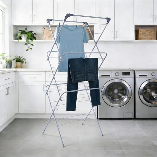 OHS 3 Tier Folding Clothes Airer, Indoor Outdoor Drying Rack Laundry Towels Non Slip Feet Sturdy Maiden Clothes Horse Home Storage Space Saving Washing Line 15m Drying Space, 136 x 62 x 49cm