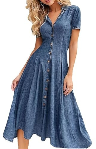 Robe Longue en Jean décontractée à Manches Courtes pour Femmes, boutonnée, Ample et Fluide, Longue Robe en Jean, Robe Chemise en Denim