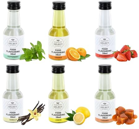 Culpitt Food Flavours | 6 Pack | Vanilla, Strawberry, Orange, Lemon, Caramel, Peppermint, Liquid Flavour For Baking, Cooking, Desserts, Drinks & Cocktails - 228ml