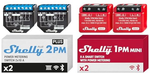 Shelly Plus 2PM | Smart Interruptor Relé Inalámbrico y Bluetooth 2 Canales con Medició & 1PM Mini Gen3 | Relé de conmutador inteligente WiFi y Bluetooth