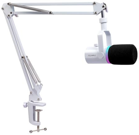 Feelworld PM1 XLR USB Micrófono Dinámico con Brazo Boom para Grabación de Podcast PC Ordenador Gaming Live Streaming Micrófono de Metal, Luz RGB, Botón Mute, Jack Auriculares (Blanco)