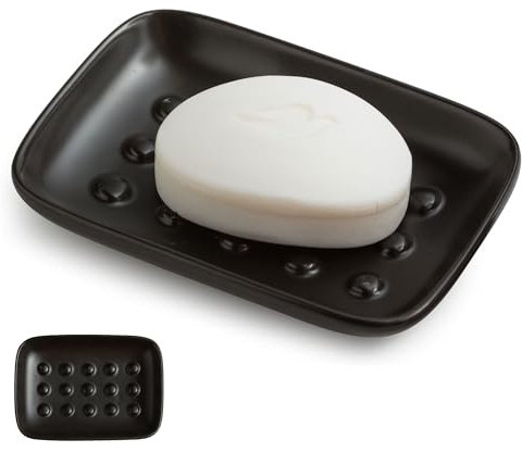 Miamolo Soap Dish, Ceramic Soap Holder Shower Soap Dish for Bar Soap Sponge, Soap Saver Tray for Bathroom Kitchen Sink, Black