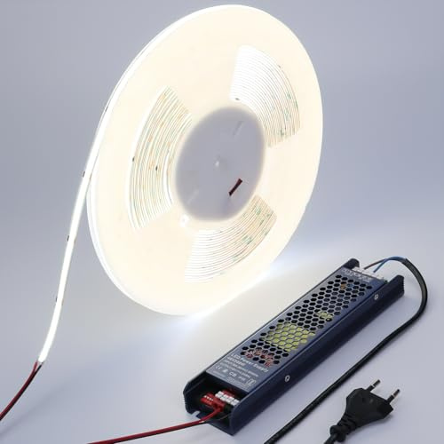 BENLUN 48V COB LED Streifen 20m CRI 92 mit Netzteil | 6000K Kaltweiss LED Strip 160W 480LEDs/m Schneidbar Selbstklebend für Schlafzimmer Zimmer Dekoration