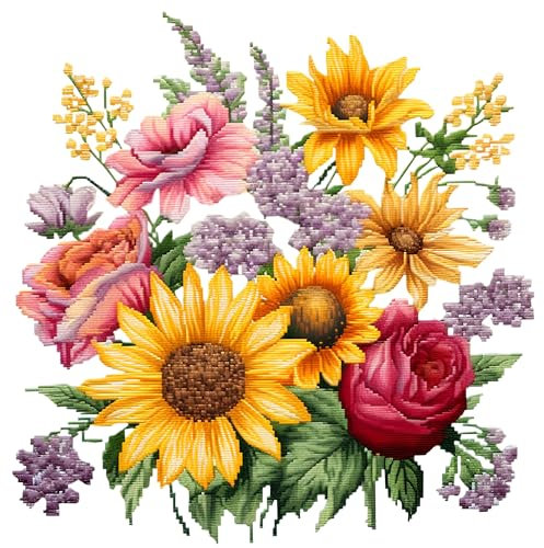 51buyoutgo Kit Punto Croce Fiori, Schemi Quadri Set Ricamo Punto Croce Kit da Ricamare Principianti Starter Prestampato Stampato Completo Bambini Cross Stitch Embroidery Ricami 30 x 30 cm
