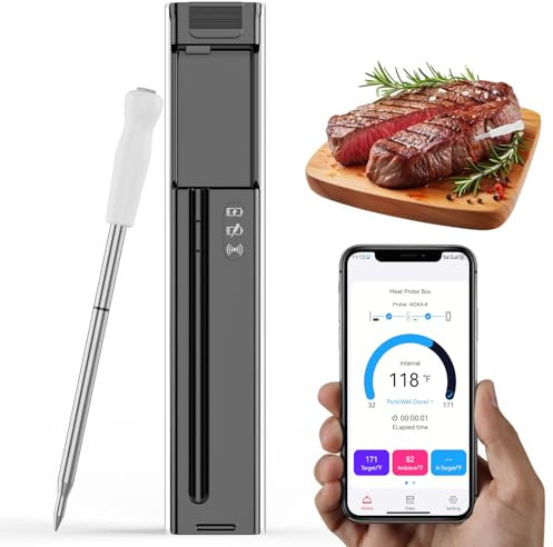 Digital Wireless Bluetooth Meat Thermometer, Smart Meat Probe for BBQ, Oven, Grill & Smoker - Perfect for Steak, Pork, and Turkey, iOS & Android App Compatible