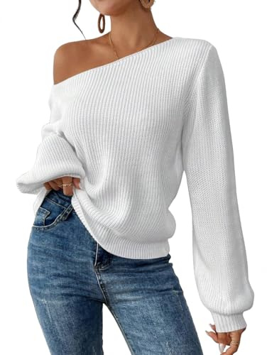 SKAYS Pull à épaules dénudées pour Femme - Col asymétrique - Tricot côtelé - Manches Longues, Blanc, Taille M