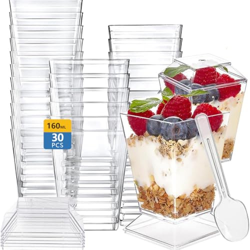 30 Stück Dessertgläser Plastik 160ml - Dessertgläser mit Deckel, Dessertbecher Plastik Wiederverwendbar, für DIY Dessert, Eis, Pudding, Party, mit 30 x Suppenlöffeln, 30 x Deckel Dessertschalen
