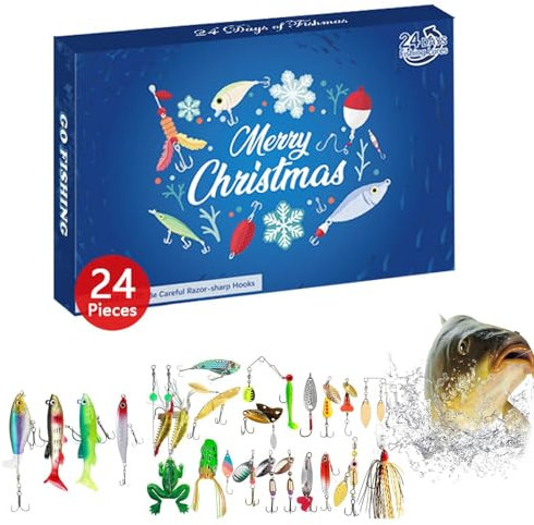 2024 Adventskalender Angel Männer Weihnachtskalender 24 Köder Angelköder Set Adventskalender Weihnachts-Angel-Countdown-Kalender Angelköder-Set Kreatives Weihnachtsset