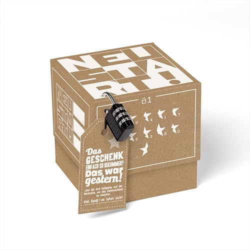 SURPRISA Rätselbox - Geldgeschenke, Gutscheine, Rätsel Geschenkbox Neustart | Geschenkverpackung Geldgeschenk, Gutscheine, kleine Geschenke, für alle Anlässe, Motiv: Neustart - Rätsel, Größe S (12 cm)