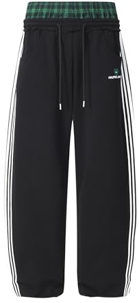 Aelfric Eden Joggingbyxor med rutig lappteknik för herrar, lapptäcke-sweatpants för damer, fritidsbyxor, lediga sportbyxor, streetwear med hög midja, bekväma, vida byxor, svart, S
