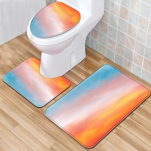Bad Teppiche Set Orange Rosa Blau Badezimmerteppich Waschbar WC Vorleger mit Ausschnitt und WC Deckelbezug 3 Teilig Badematte rutschfest Toilettensitzbezug Badgarnitur 45x75 cm