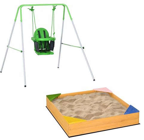 Outsunny Set da Esterno 2 Pezzi, Sabbiera per Bambini 4 Posti in Legno di Abete e Altalena per Bambini in Acciaio e PE, Legno Naturale e Verde