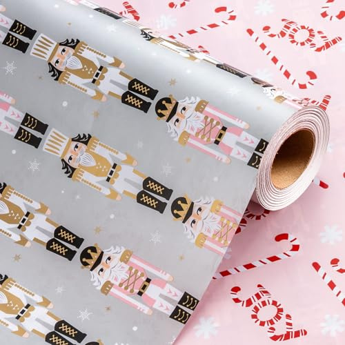 Wikadlik Weihnachts-Geschenkpapier für Geschenke, Perlglanz, rosa und weiß, Nussknacker, Geschenkpapierrolle für Feiertage, festliche Feiern, Basteldekoration, 43 cm x 10 m