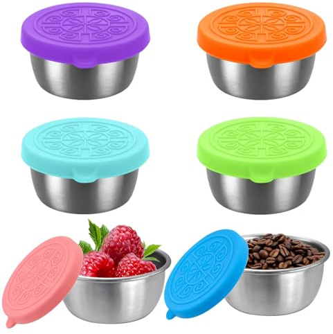 Pamtns 6 Stück Dressing Behälter mit Silikondeckel Mini Dosen Snackbox Lebensmittelbehälter Set 50ml Edelstahl Salatdressing Behälter Joghurtbecher To Go Salatbox Kleine Dosen Saucenbehälter
