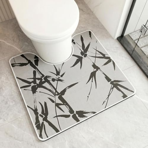 Treer Tapis de Toilette Forme de U, Tapis WC Contour Absorbant en Diatomite Antidérapant Sechage Rapide Lavable pour Salle de Bain -Bambou, 55x50cm