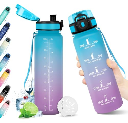 Trinkflasche Sport 1L, Trinkflasche mit Zeitmarkierung, Wasserflasche mit Filter, Auslaufsicher, Wasserflasche Kohlensäure Geeignet, BPA-frei, Sportflasche für Fitness, Gym, Fahrrad, Yoga, Büro