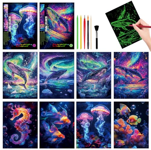 2 Satz Kratzbilder Set,Rainbow A4 Bunte Kratzpapier,Kratzmalerei A4 für Kinder & Erwachsene,Scratch Art Papier und Stift Set DIY Bastelsets (Wale,Maritime Welt)
