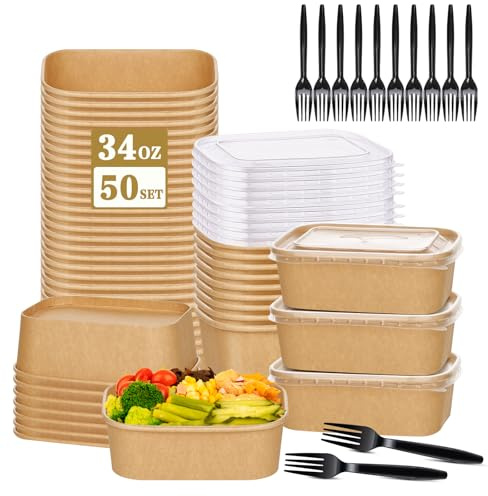 50-Set 34oz Disposable Kraft Paper Bowls with Lids and Forks, Large Meal Prep Containers Salad To Go Bowls, Leakproof Food Containers Treat Soup Serving Bowl, Microwave Safe for Hot/Cold Food