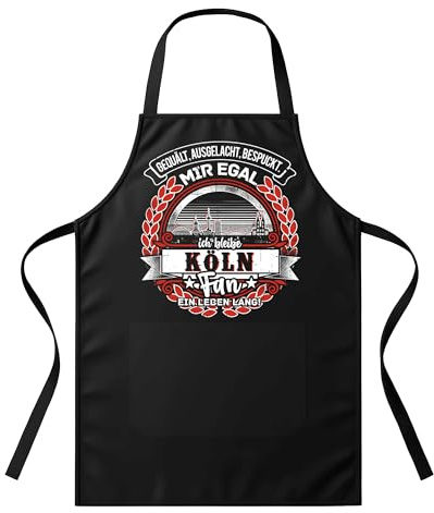UGLYSHIRT Grillschürze Herren – „Ein Leben lang Köln“ – BBQ Schürze mit Spruch für Männer – Geschenk für Kölner, Karneval-Fans & Grillfreunde – Schwarz, Einheitsgröße, witziges Grillzubehör