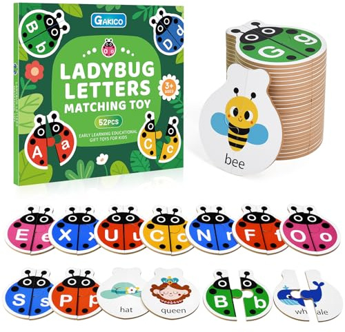 GAKICO Ladybug Self Correcting Alphabet Puzzle: Letter Matching Games for Toddlers 3-5, 52pcs Double-Sided Montessori ABC Puzzles Cards Preschool Learning Activities Educational Toy Gift for Kids