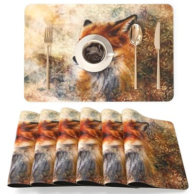 QIYI Platzsets Kunstleder 6er Set – Boho PU Tischsets 45×30 cm, wasserdicht, öl- & hitzebeständig, rutschfest, für Küche & Esstisch, Innen & Außen, Fuchs mit Vintage-Blumen im Landhausstil