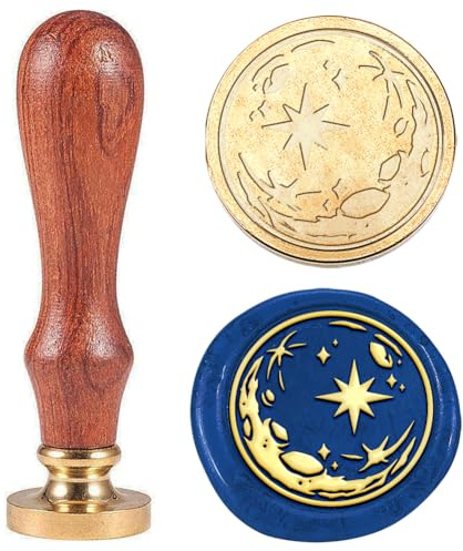 Hobbspring Sello de sello vintage con luna cera galaxia planeta sello de cera sello 30 mm cabeza de sello de latón desmontable con mango de madera para sobres invitaciones invitaciones decoración de