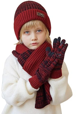 Generisch Bonnet d'hiver pour enfant de 4 à 10 ans, écharpe gants, bonnet chaud en polaire 3 pièces en laine cachemire pour homme, rouge, taille unique
