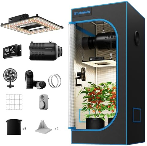 Turbowuchs Turbo1000& 70x70x160cm Growzelt Komplettset 100W LED Grow Lampe Dimmbarer Vollspektrum LM301H EVO Diodes Hydroponics Growing Tent Set Belüftungssystem GrowZelt Kit Komplettes
