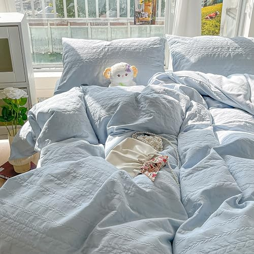 Set copripiumino, set di biancheria da letto matrimoniale in cotone, tinta unita semplice, Seersucker a righe di cotone, 4 pezzi, super morbido, confortevole e traspirante, set di decorazioni per la