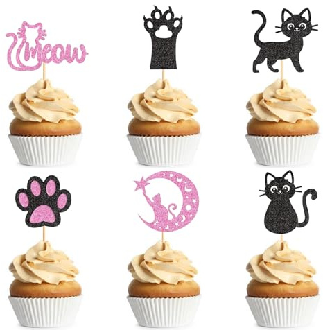 24Pcs Cat Cupcake Toppers Cat Meow Paw Glitter Cupcake Toppers Decoration for Kitten Theme Party Kids Birthday Party Baby Shower Supplies