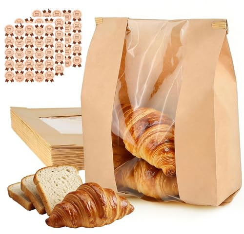 60 Pcs Sacchetti Pane Carta, 35x21x9cm, Sacchetti Alimenti Richiudibili con Finestra, Pieghevoli Filo Metallico, 70 Adesivi, Buste Carta Pasticcini Biscotti Panino Regalo, senza BPA, Resistenti Olio
