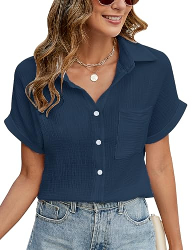 PASUDA Damblus, sommar, elegant, v-ringad, button-down blusar, ledig bomull, kortärmad skjorta, blus, baslock, skjorta, toppar, tunika, skjortor, toppar, Marinblå, L