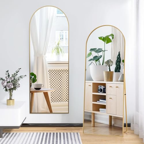 KeepGoon Miroir Complet bombé avec Coins arrondis, 164 x 54 cm Miroir sur Pied, à Suspendre, Debout ou adossé, pour Chambre à Coucher, doré - Rond
